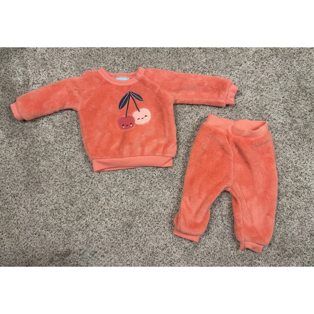 Pekkle Baby Girl Coral Orange Fleece‎ Cherry Sweatshirt and Pants Set 6M